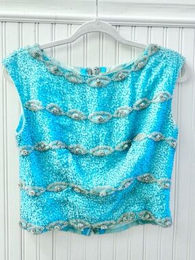 JACK LIEBMAN Vintage Beaded Aqua Sequin Sleeveless Top